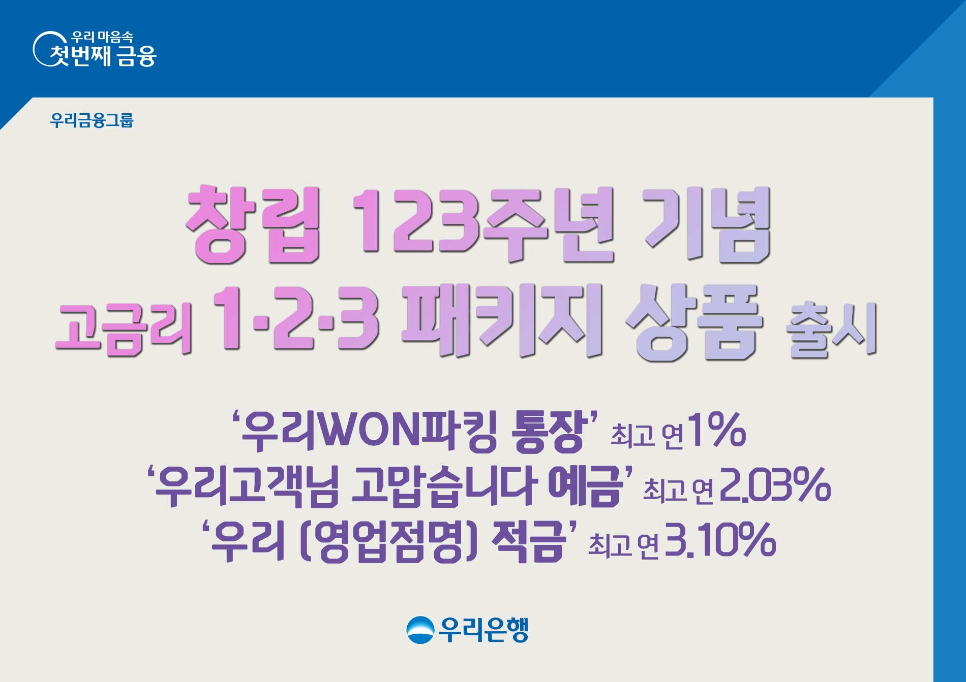 우리은행, 창립 123주년 기념 입출금·예금·적금 출시…연 1~3%대 금리