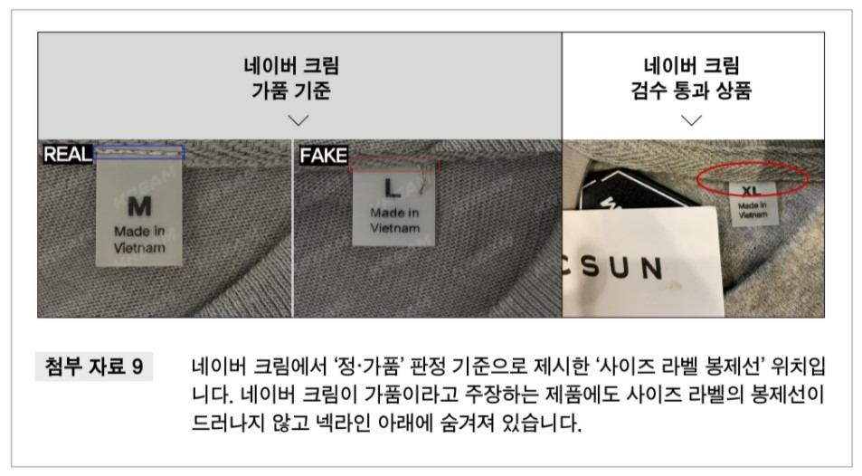 무신사는 네이버 크림의 정품 판별 기준에 대한 의문을 제기했다. 무신사는 네이버 크림이 정품으로 검수한 개체 사이에서도 가품 기준의 제품이 나왔다고 주장했다./사진제공=무신사 뉴스룸 갈무리