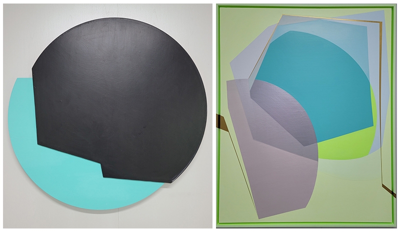 좌) Pieces of Cell Series- Gold & Yellow Green. Acrylic on Canvas.162.0cmx131.0cm.2022우) Pieces of Cell Series- Black & Mint. Acrylic on Wood. 112cmx110cm.2022