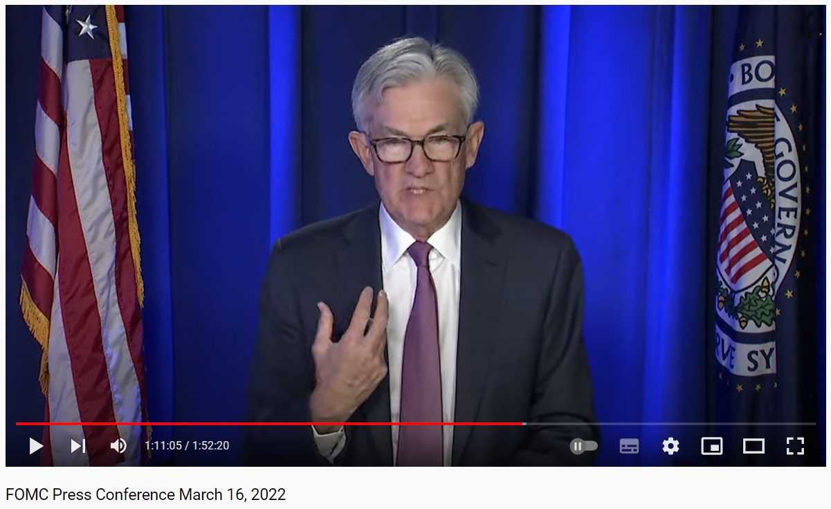 제롬 파월 연방준비제도(Federal Reserve) 의장 / 사진출처= 미국 연방준비제도(Federal Reserve) 유튜브 채널 중 갈무리(한국시각 2022.03.17)