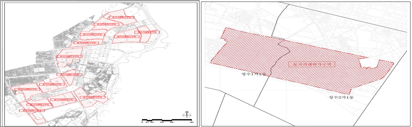 양천구 목동택지개발사업지구(왼쪽), 성동구 성수전략정비구역 토지거래허가구역도. / 자료제공=서울시
