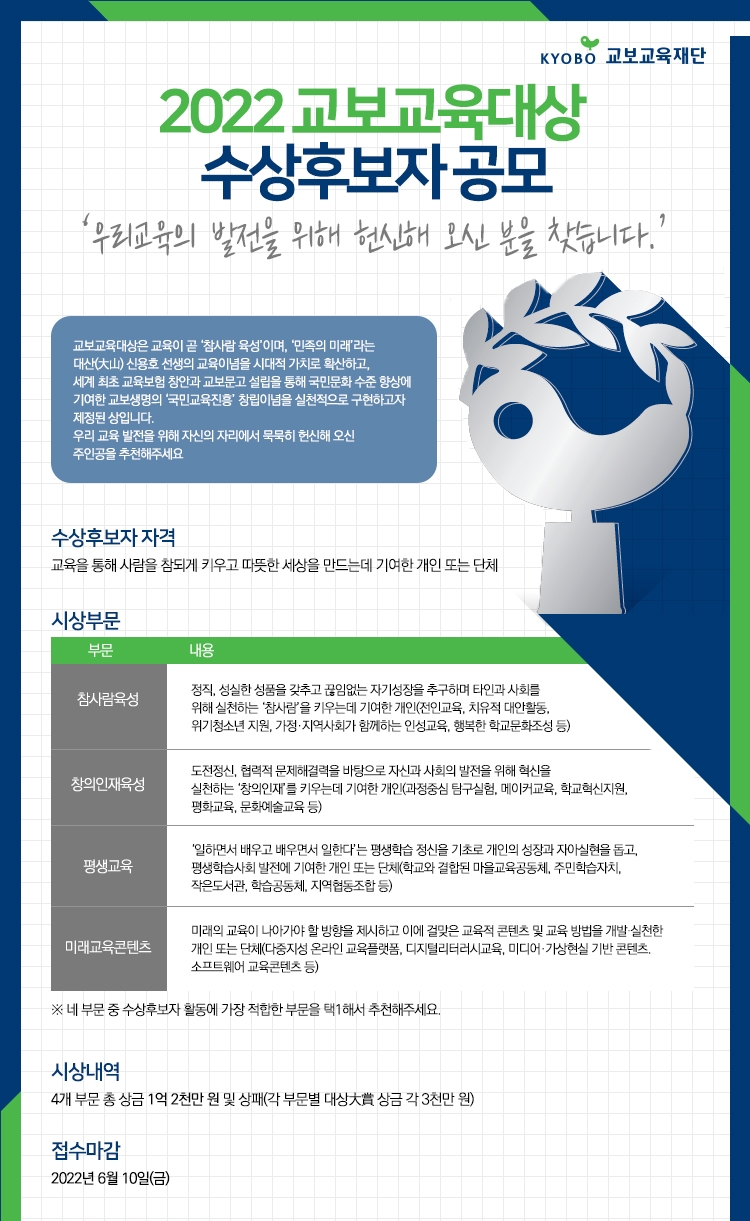교보교육재단이 ‘2022 교보교육대상’ 수상 후보자를 공모한다./사진 제공= 교보생명