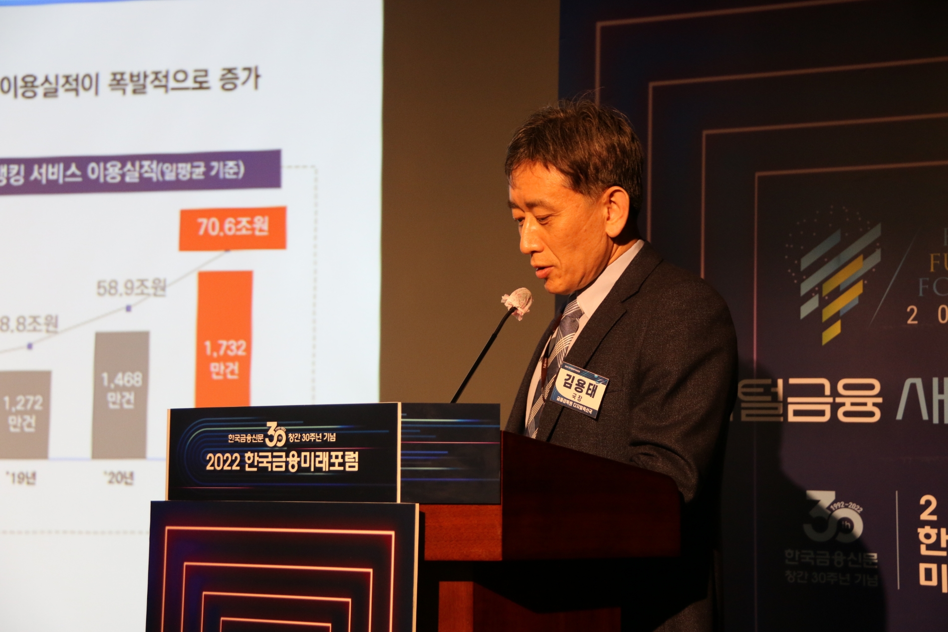 김용태 금융감독원 국장이 17일 서울 중구 은행연합회 국제회의실에서 열린'2022 한국금융미래포럼'에 참석해 '섭테크의 도입으로 금융감독원의 효율성과 통찰력을 강화할 수 있다고 발표했다./사진제공=한국금융신문