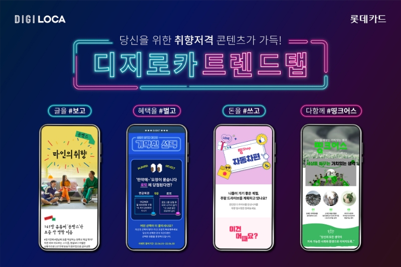 롯데카드가 디지로카 앱에 콘텐츠 큐레이션 서비스 트렌드탭을 오픈했다. 사진은 각 카테고리별 대표 콘텐츠로 구성된 트렌드탭 이미지다. /사진제공=롯데카드