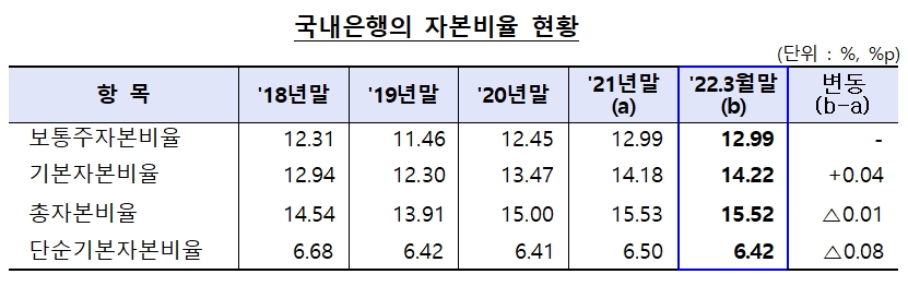 국내은행의 자본비율 현황 표. / 자료제공=금융감독원