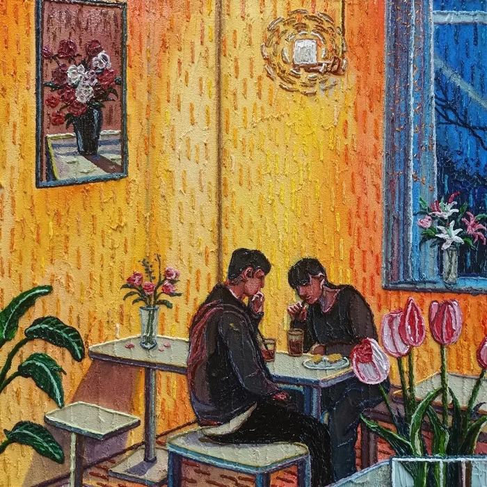 김예원, 〈너는 활짝 핀 꽃처럼 나는 단비처럼 다가갈게〉, 45x45cm 캔버스에 혼합 재료 2022