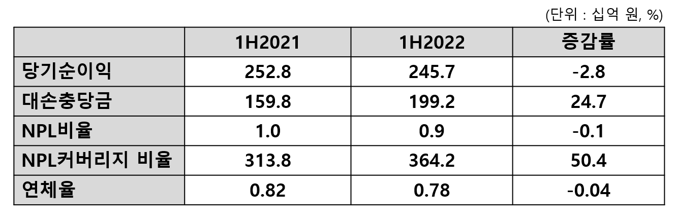 KB국민카드 2022년 상반기 실적. /표=신혜주 기자