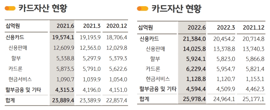 KB국민카드 2021년 상반기 및 2022년 상반기(오른쪽) 카드자산 현황. /자료제공=KB금융지주