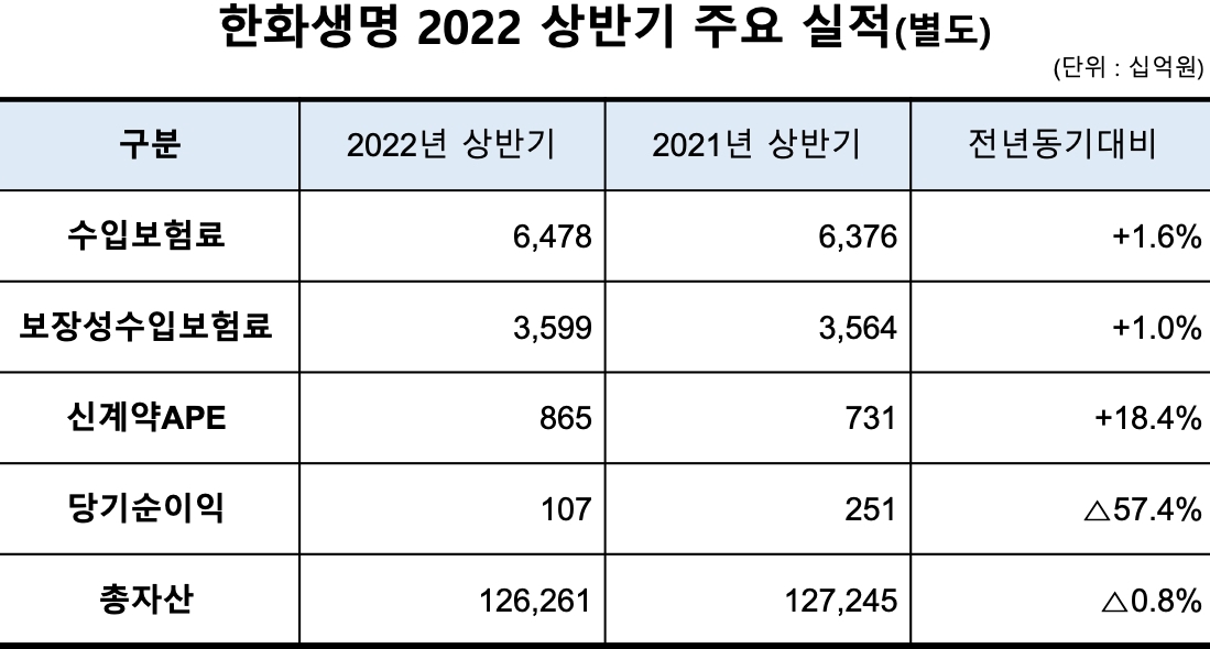 한화생명의 상반기 주요 실적. /자료제공=한화생명