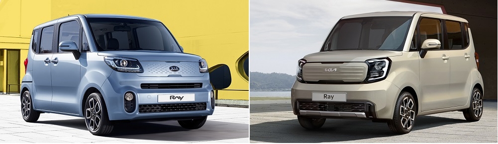 기아 레이 1차 페이스리프트(왼쪽)과 2차 페이스리프트 신형 모델.