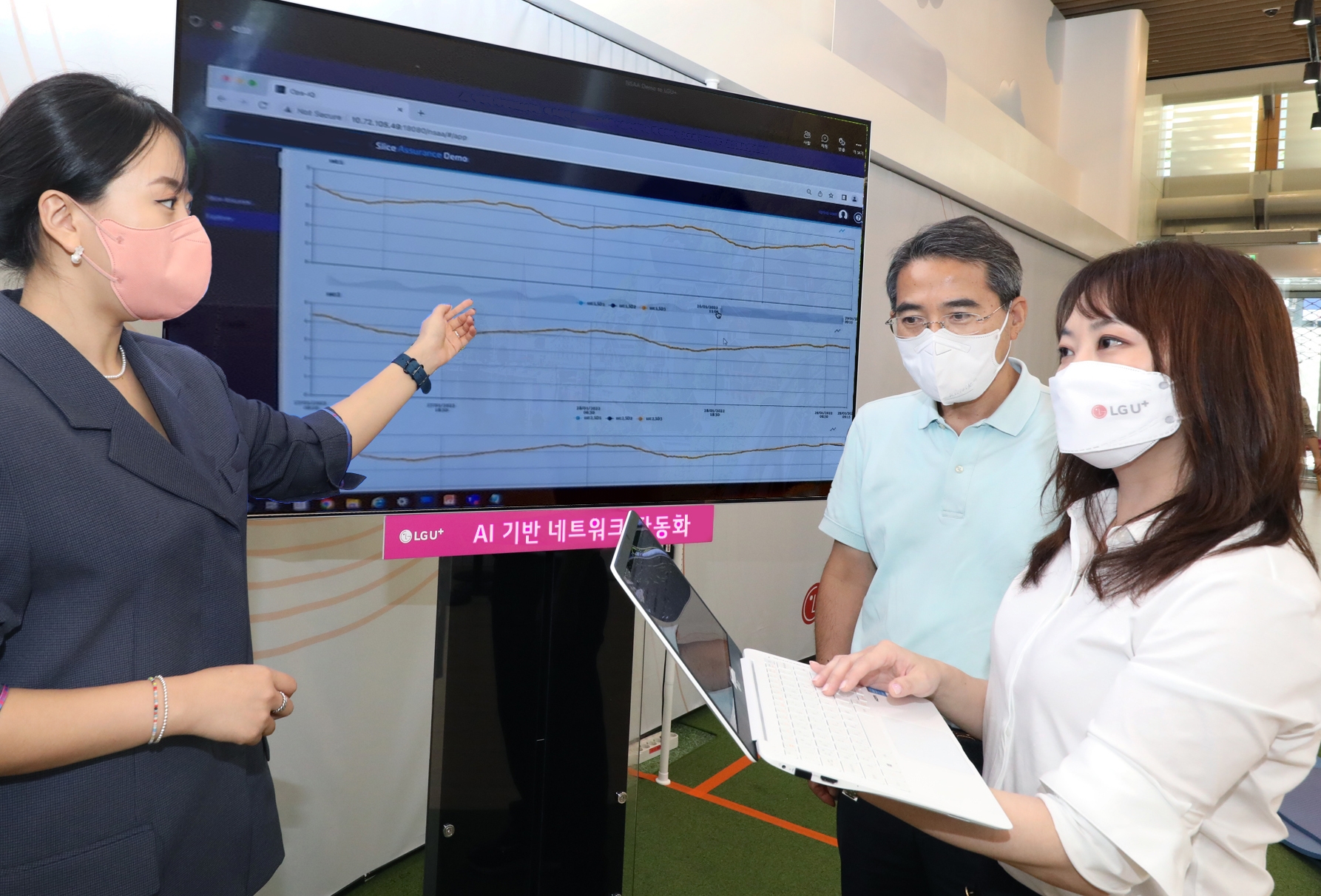 LG유플러스 직원들이 NWDAF를 활용한 네트워크 슬라이스 품질 보장기능을 검증한 결과를 확인하고 있다. 사진=LG유플러스