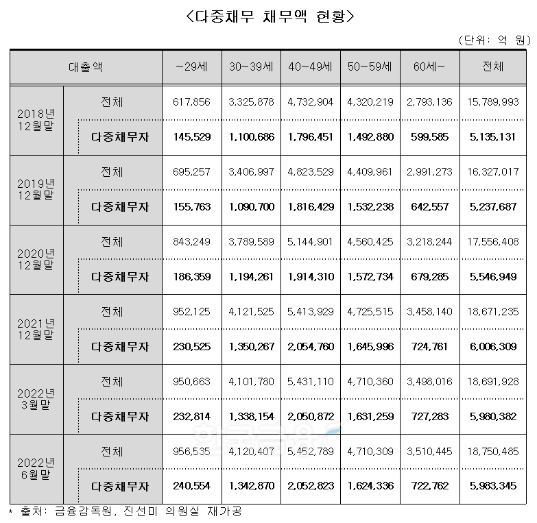 다중채무 채무액 현황 표. / 자료제공=금융감독원, 진선미 의원실