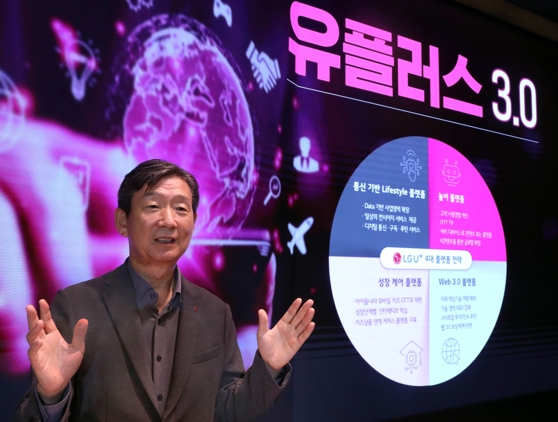황현식 LG유플러스 CEO가 기자간담회에서 4대 플랫폼 중심 신사업 전략을 소개하고 있다. 2022.09.15. 사진=LG유플러스.