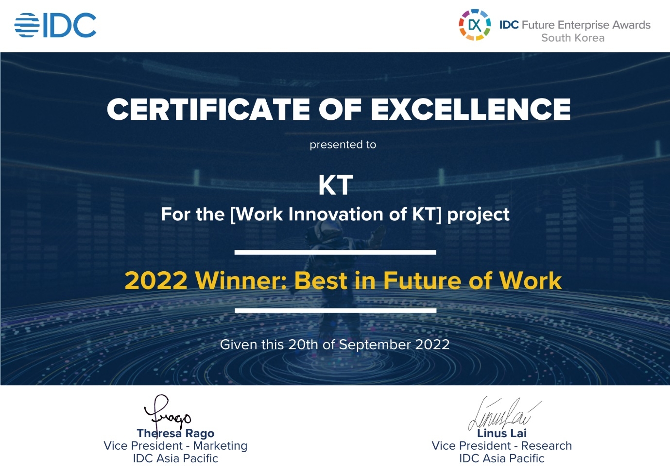 KT의 2022 IDC 퓨처엔터프라이즈어워드 수상증명서. 사진=KT