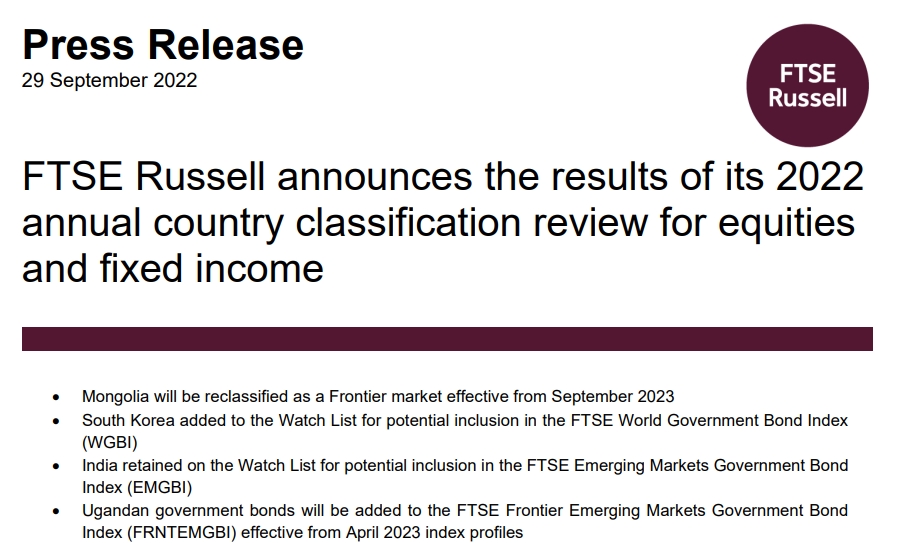 자료출처= FTSE Russell 홈페이지 중 보도자료(2022.09.29) 갈무리
