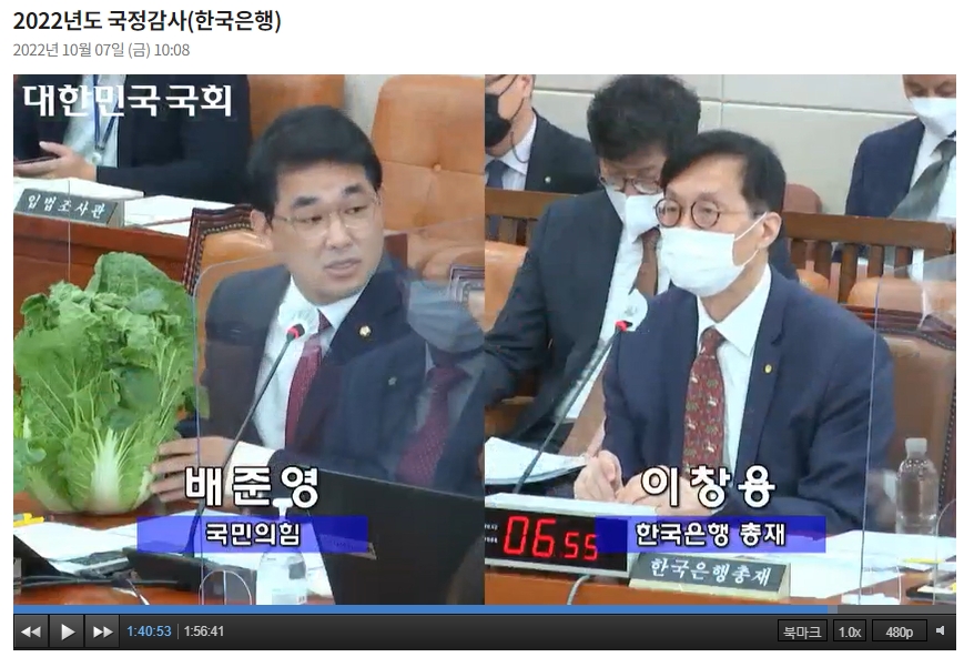 7일 국회 기획재정위원회의 한국은행 국정감사에서 배준영 국민의힘 의원(왼쪽)이 배추를 들고 나와 이창용 한은 총재(오른쪽)에게 질의하고 있다. / 사진출처= 국회의사중계시스템 영상회의록 갈무리(2022.10.07)