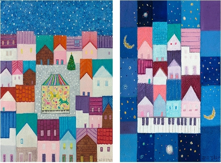 좌. 김현아 겨울노래, 53.0x 45.5 cm, mixed media, 2021우. 김현아 깊은밤-위로, 40.9 x 31.8 cm, mixed media, 2021