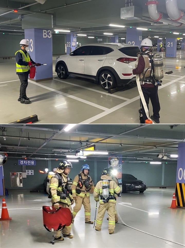 SR은 17일 동탄역 지하3층 주차장에서 화성소방서, 화성동탄경찰서와 함께 화재 발생 시 초기대응능력과 진압 역량을 강화하기 위한 소방훈련을 전개했다. /사진제공=SR