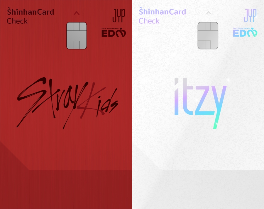 신한카드가 '신한카드 JYP Fan’s EDM 체크카드(이하 JYP 체크카드)' 2종을 출시했다. 왼쪽부터 스트레이 키즈와 있지 체크카드. /사진제공=신한카드