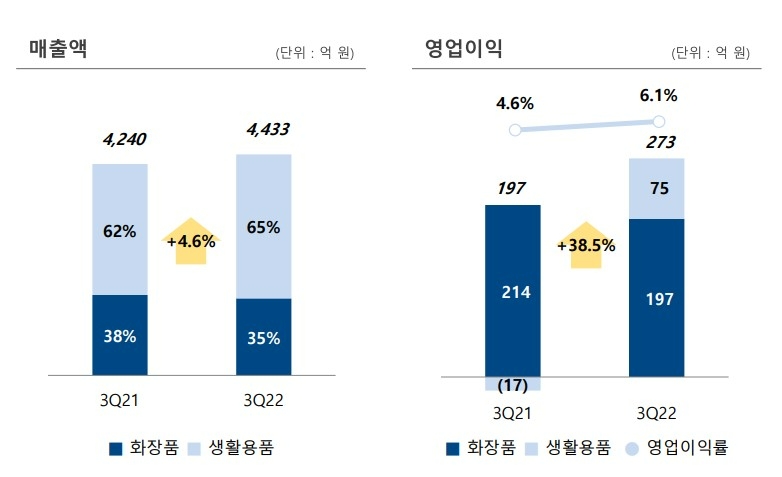 애경산업이 3분기 누적 매출액은 전년 동기 대비 4.6% 증가한 4433억원, 영업이익은 38.5% 늘어난 273억원을 기록했다. /사진제공=애경산업 IR 보고서