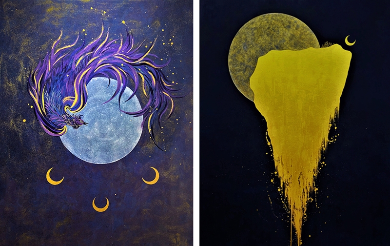 좌)봉황선계도, 91×116cm, 한지에 혼합재료, 2021우)달의 폭포, 130.3x193.9cm, 한지에 혼합재료, 2022
