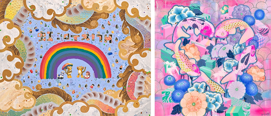 좌) over the rainbow 145.5x112.2cm mixed media 2022우) present20 acrylic on canvas 72.7x72.7cm 2021