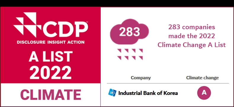 IBK기업은행이 글로벌 ESG평가기관 CDP에서 최고 등급을 획득했다. / 사진제공=기은