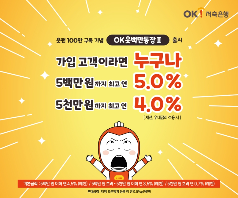 OK저축은행이 하루만 맡겨도 최고 연 5% 이자를 주는 입출금통장 상품인 'OK읏백만통장Ⅱ'를 출시했다. /사진제공=OK저축은행