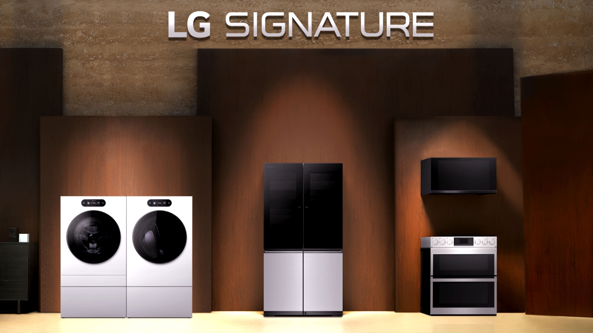G전자가 CES 2023에서 공개하는 超프리미엄 LG 시그니처 2세대 제품들. 왼쪽부터 세탁기, 건조기, 듀얼 인스타뷰 냉장고, 후드 겸용 전자레인지(위), 더블 슬라이드인 오븐(아래). 사진=LG전자