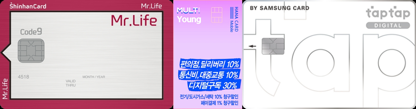 왼쪽부터 신한카드의 '신한카드 Mr.Life'와 하나카드의 'MULTI Young(멀티 영) 카드', 삼성카드의 'taptap DIGITAL'. 세 카드 모두 편의점에서 10% 할인을 제공한다. /사진제공=각 사