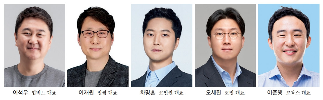 (왼쪽부터) 이석우 두나무(Dunamu) 대표, 이재원 빗썸(Bithumb) 대표, 차명훈 코인원(Coinone) 대표, 오세진 코빗(Korbit) 대표, 이준행 스트리미(Streami) 대표./사진=각 사