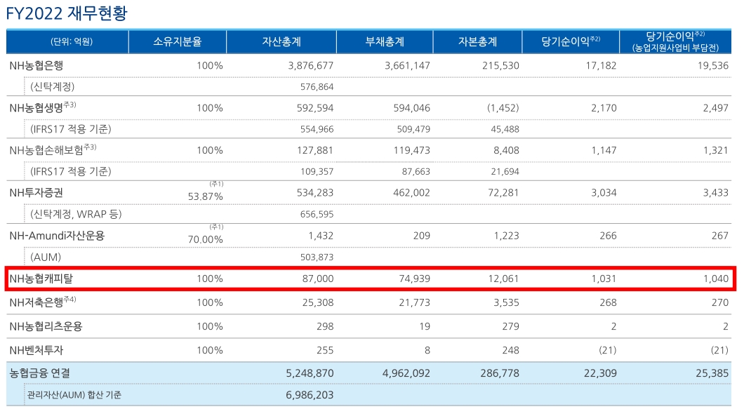 NH농협캐피탈 2022년 경영실적 지표. /자료제공=NH농협금융지주