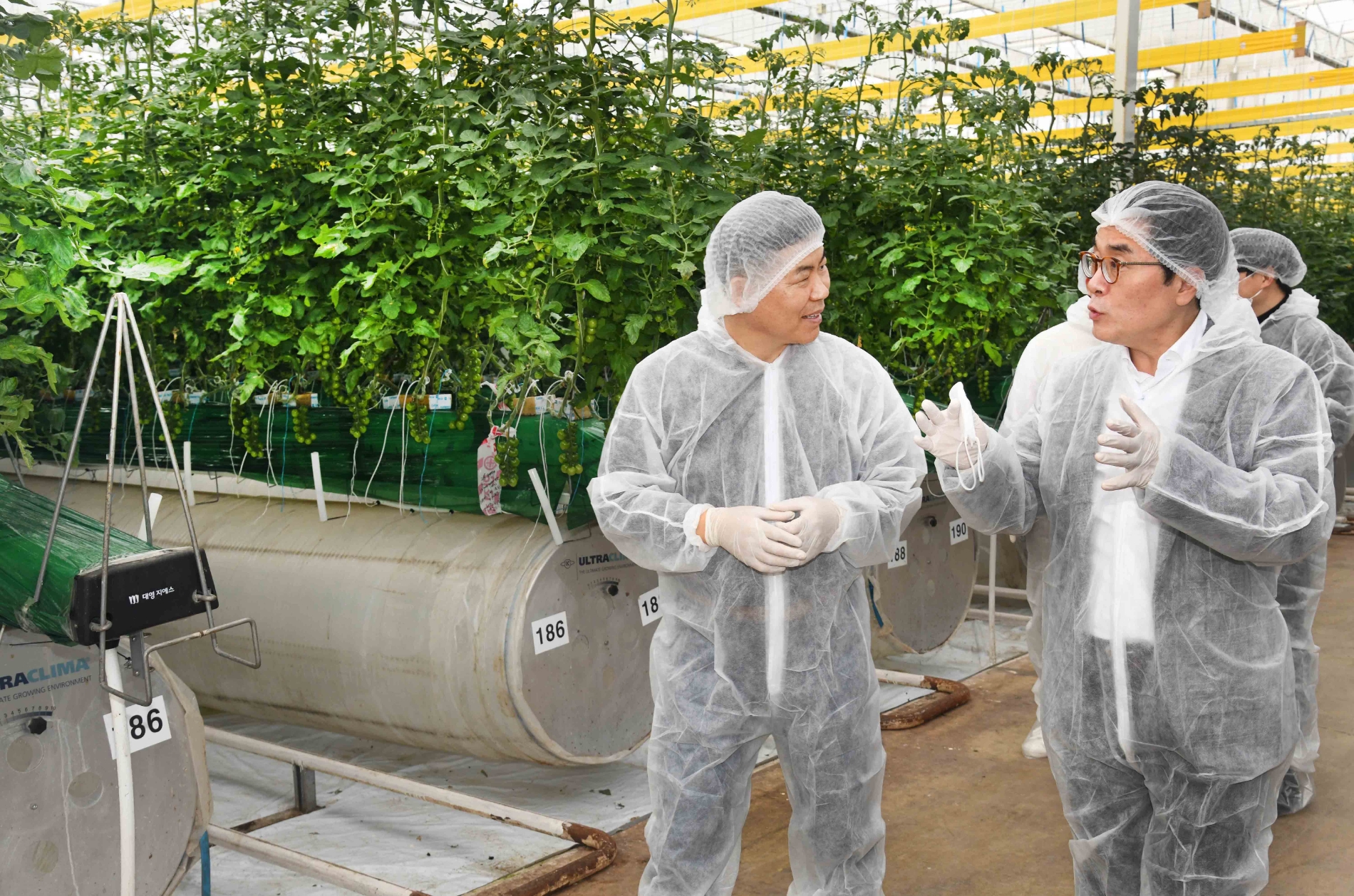 이제훈 홈플러스 사장(오른쪽)이 지난 16일 경북 상주시 새봄네트윅스 스마트팜 온실에서 조영호 새봄네트윅스 대표이사(왼쪽)로부터 토마토 수확 과정과 정보통신기술(ICT)을 활용한 환경제어시스템에 대한 설명을 듣고 있다./ 사진제공 = 홈플러스