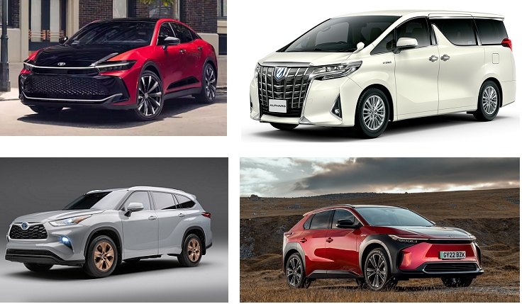 (왼쪽부터 시계방향으로) 토요타 크라운, 알파드, bZ4X, 하이랜더.