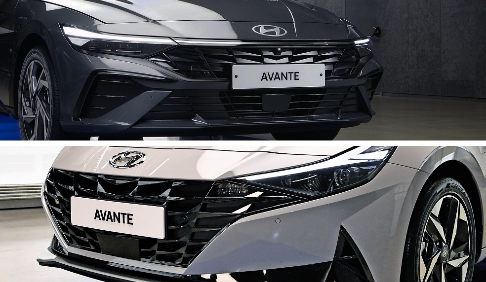 아반떼 7세대 페이스리프트(위)와 7세대 전면부 비교.