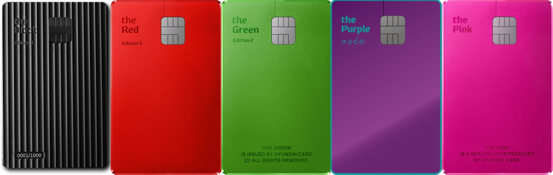 현대카드의 컬러 프리미엄 카드 라인업. 사진 왼쪽부터 ‘the Black(더 블랙)’, ‘the Red(더 레드)’, ‘the Green(더 그린)’, ‘the Purple(더 퍼플)’, ‘the Pink(더 핑크)’. /사진제공=현대카드