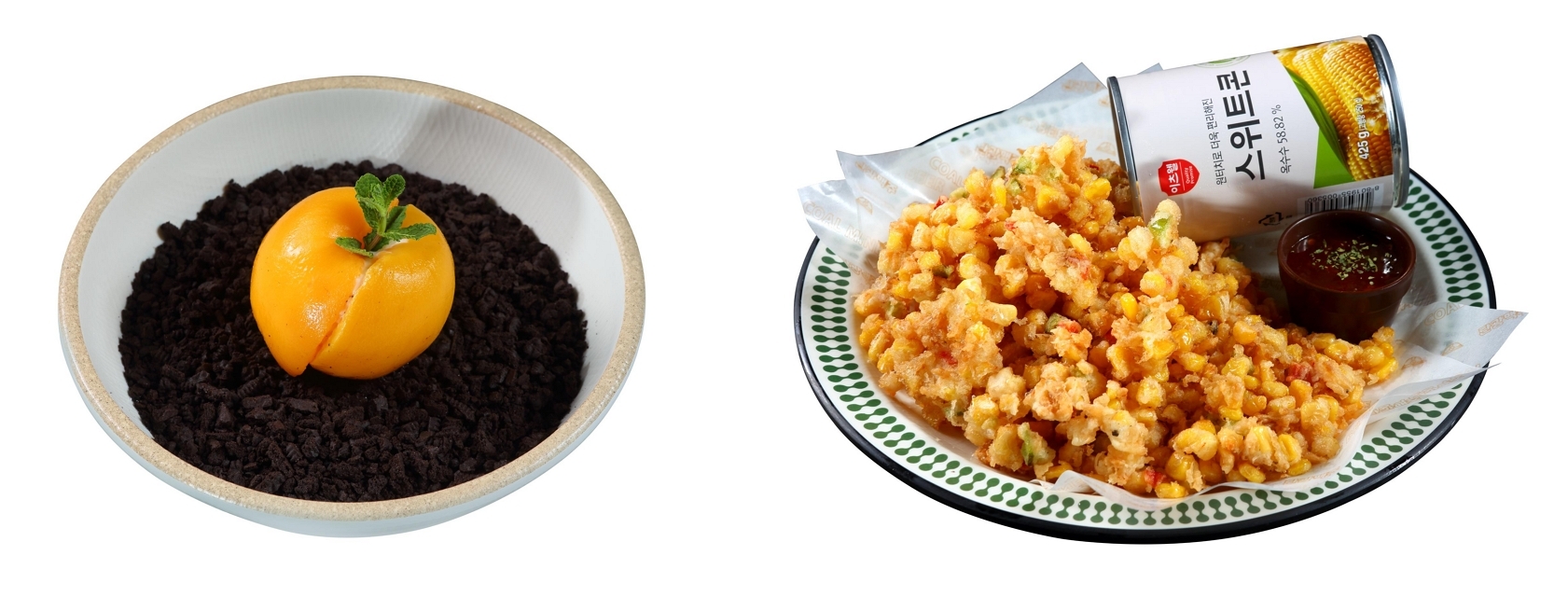 CJ프레시웨이가 맞춤형 메뉴 컨설팅을 통해 ‘탄광맥주’에 제안한 신메뉴 탄광복숭아(좌), 초당콘튀김(우)가 신메뉴로 출시됐다./ 사진 = CJ프레시웨이