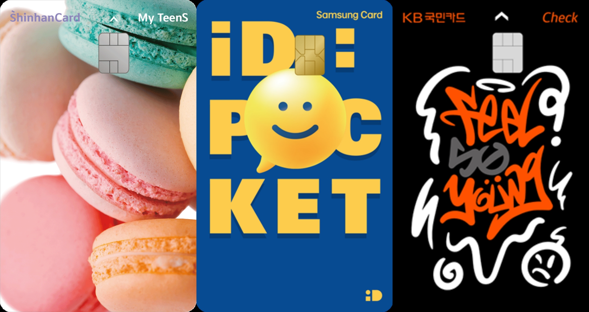 왼쪽부터 신한카드 '마이틴즈', 삼성카드 '삼성 아이디 포켓', KB국민카드 'KB국민 샘 쏘영 체크카드' /사진제공=각 사