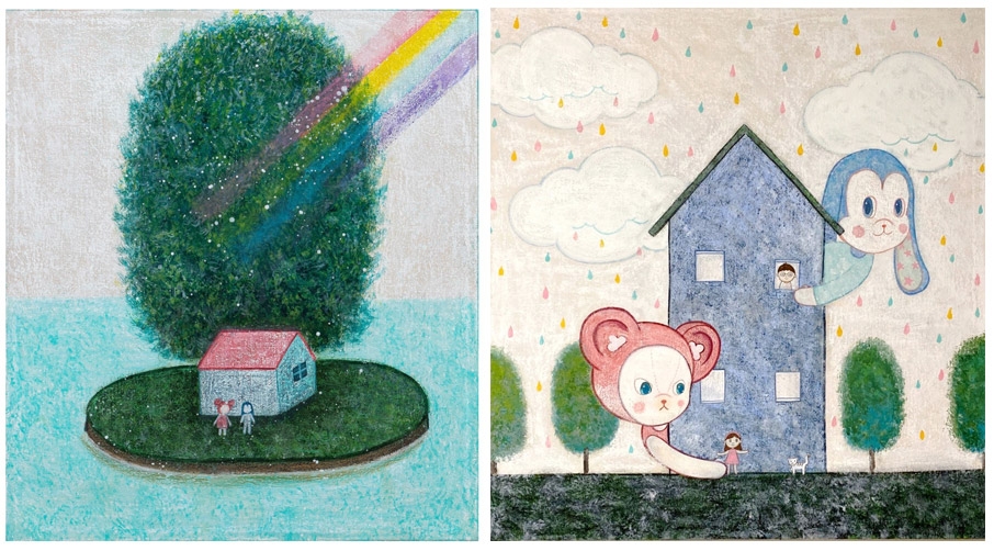 좌) 토아치, “섬에 집을 짓고”,Acrylic on Canvas, 40 x 45cm, 2022우) 토아치, “Rainbow drops”,Acrylic on canvas, 70x 75cm, 2022