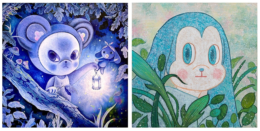 좌) 토아치, “This way”,Acrylic on canvas, 130x130cm, 2023우) 토아치, “푸른 잎 POPO”,Acrylic on canvas, 50x 50cm, 2022