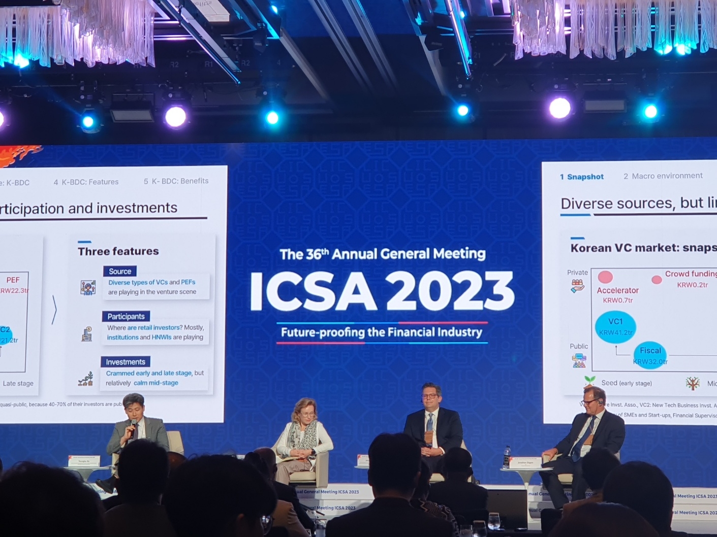 금융투자협회가 20일 서울 포시즌스 호텔에서 개최한 '2023 ICSA 국제컨퍼런스' 중 세번째 세션인 '각국의 모험자본 공급제도와 운영사례 및 시사점' 모습. / 사진= 한국금융신문(2023.06.20)