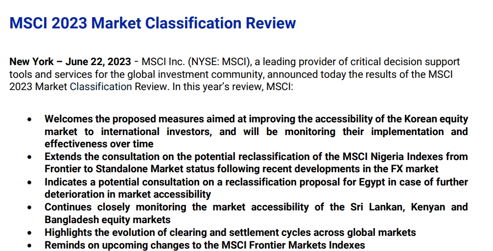 자료출처= MSCI 2023 Market Classification Review(2023.06.22)