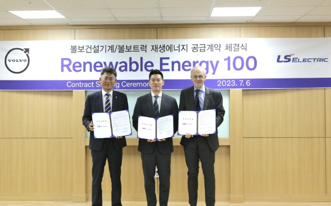 LS일렉트릭(대표 구자균, 김동현, 구동휘)는 6일 볼보건설기계와 ‘태양광 재생에너지를 포함한 에너지통합관리솔루션(FEMS ; Factory Energy Management System) 설비 및 직접전력구매계약(PPA ; Power Purchase Agreement)’ 추진을 위한 협약을 체결했다. /사진제공=LS일렉트릭.