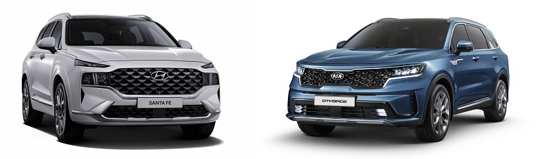 현대차 싼타페 4세대 부분변경(왼쪽)와 기아 쏘렌토 4세대.
