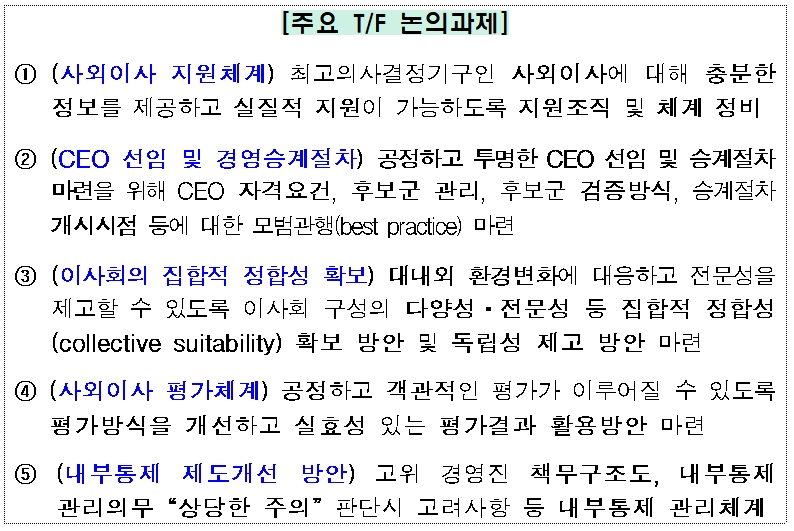 지배구조 모범관행 TF 주요 논의과제 / 자료제공= 금융감독원(2023.07.16)