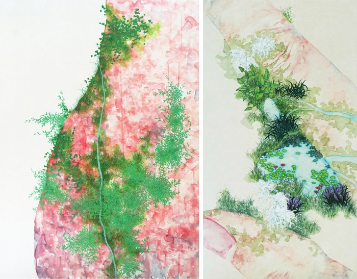 좌) 사이 속에, 75×40cm, 비단에 채색. 아크릴, 2023/ 우) 흐르는, 111×85cm, 견에 채색, 아크릴, 2023