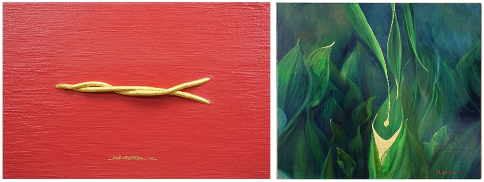 좌) 김영목, 연-緣, 2023, 캔버스 위에 혼합재료, 금박, 60×40cm. 우) 김은영, Life, 2023, Acrylic, Gold on Canvas, 54x45.5cm.