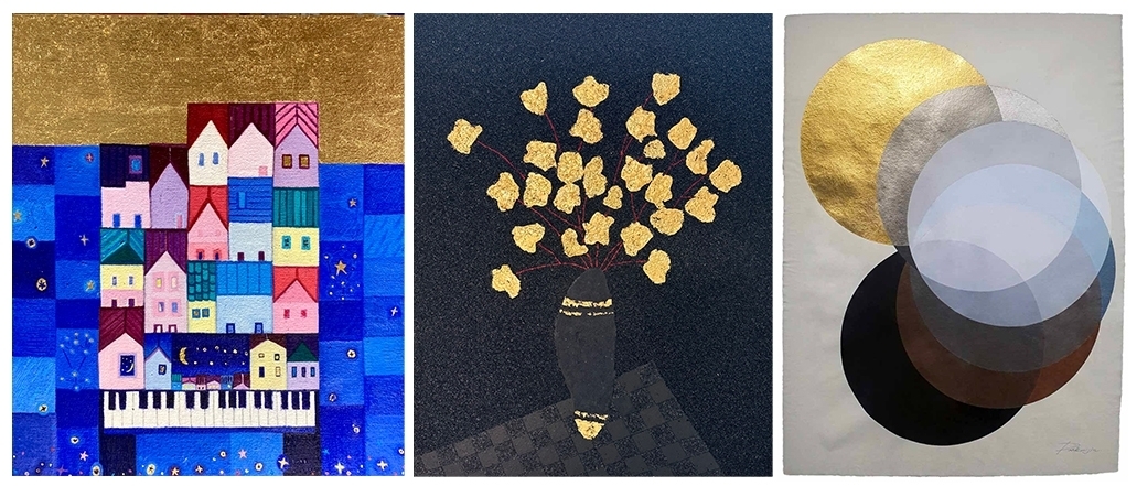 좌) 김현아, 달빛2, 2023, mixed 보media, 45.5x53.0cm. 중앙) 라상덕, 피다-second wind, 2023, charcoal powder on canvas, 45.5x54cm.우) 박미진, Combine cell series-Silver&Black,2023, Acrylic.Silver leaf on Paper, 57.0cmx75.0cm