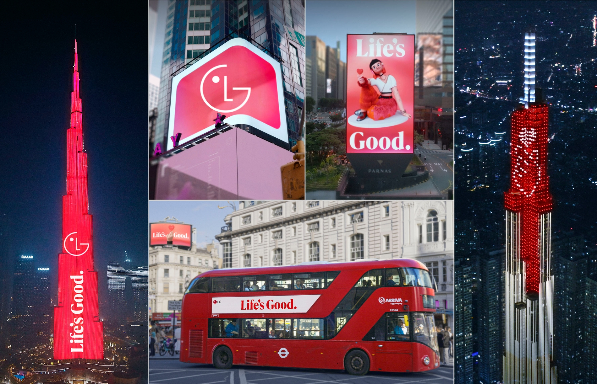 LG전자가 해외 주요 랜드마크와 국내외 주요 도시 옥외전광판에 브랜드 홍보 영상을 선보이며 '라이프스굿(Life's Good)' 글로벌 브랜드 캠페인을 시작했다. 사진은(왼쪽부터 시계방향)은 두바이 부르즈 할리파, 뉴욕 타임스스퀘어 옥외전광판, 서울 파르나스 미디어 타워, 호치민 랜드마크81, 런던 피카딜리 광장과 빨간 2층 버스에서 신규 비주얼 아이덴티티가 적용된 브랜드 홍보 영상, 슬로건을 노출되고 있는 모습./사진제공=LG전자