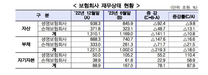 국내 보험사 재무상태 현황. 자료=금감원